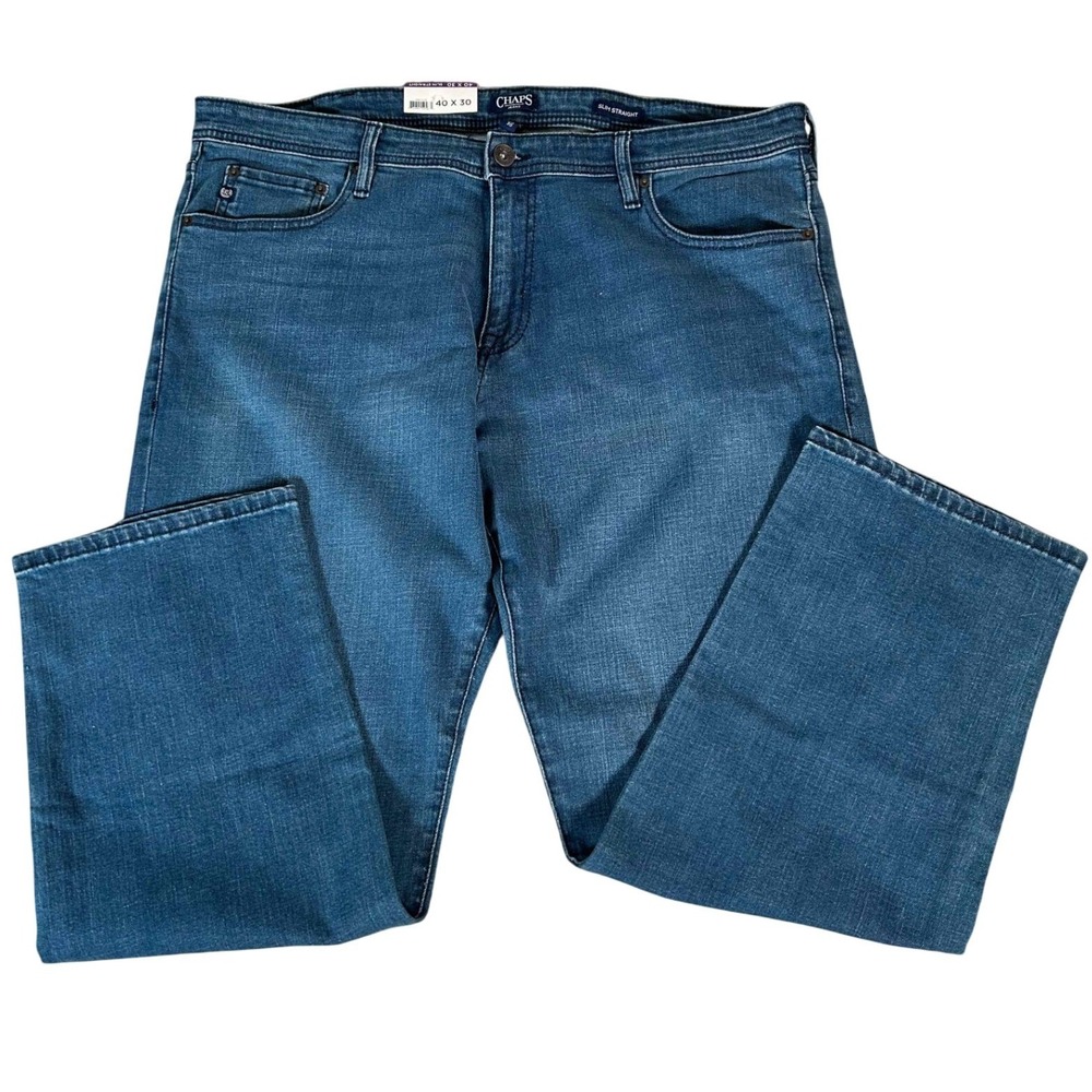 Chaps Mens Slim Straight Blue Denim Jeans 40x30 Stretch Cotton New With Tags